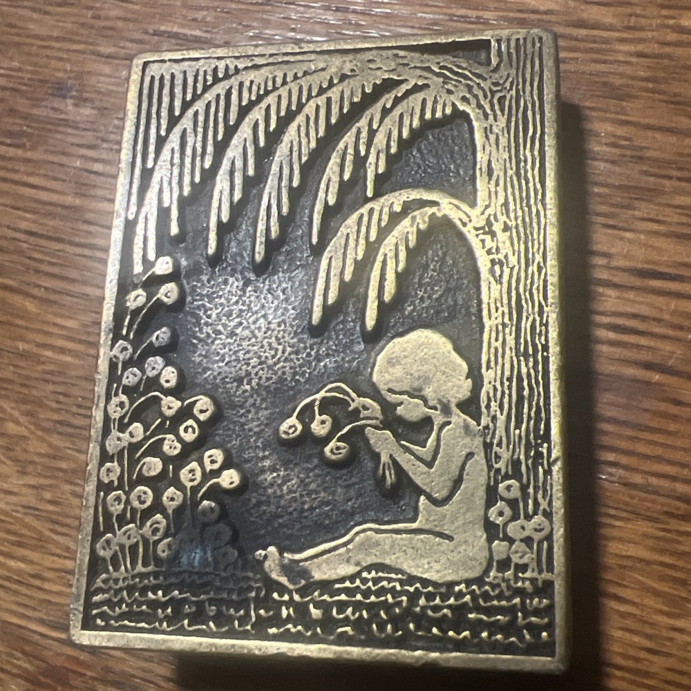 Vintage 1974 Brass Girl Picking Flowers Under Palm Belt Buckle-CDC Metalworks CO